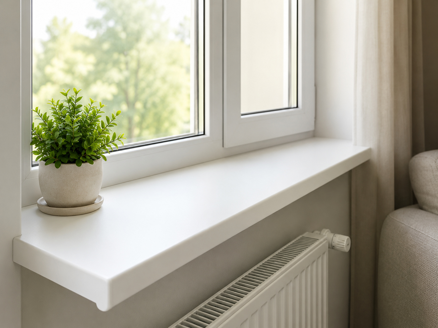 White PVC window sill with a smooth matt surface