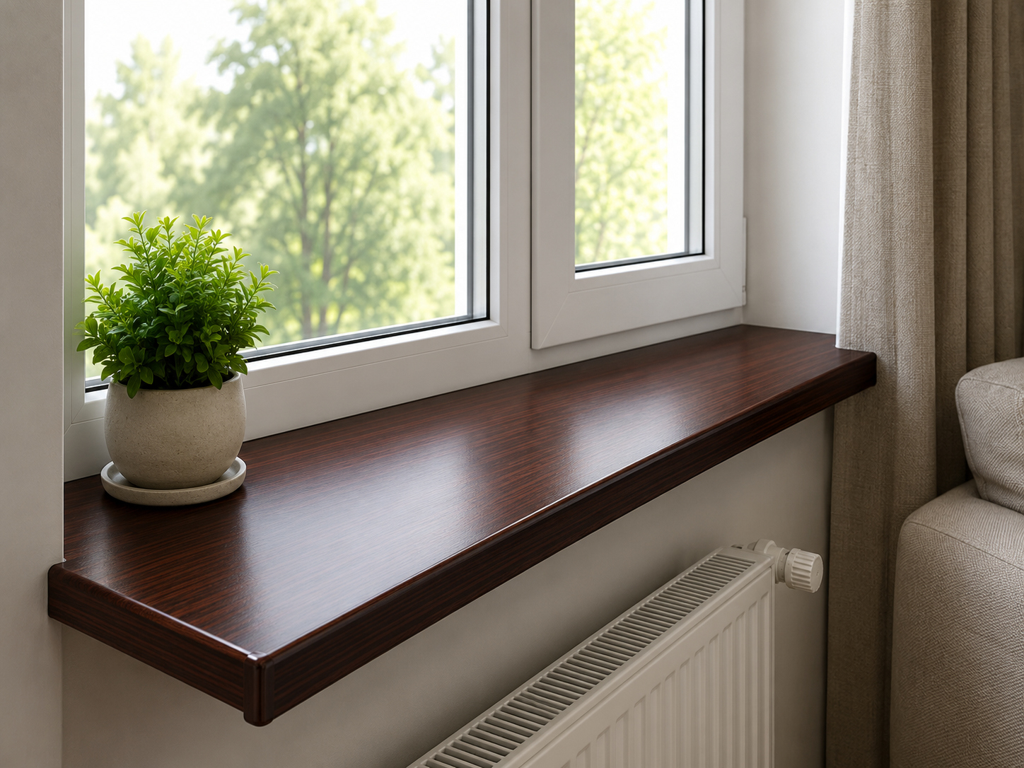 Mahogany PVC window sill with a wood-effect finish