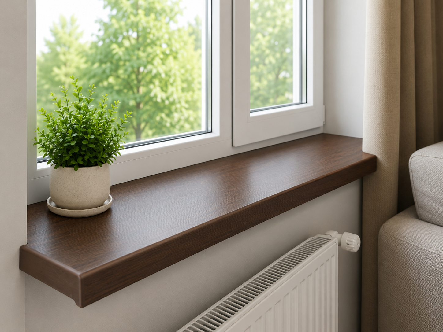 Walnut PVC window sill with a wood-effect finish