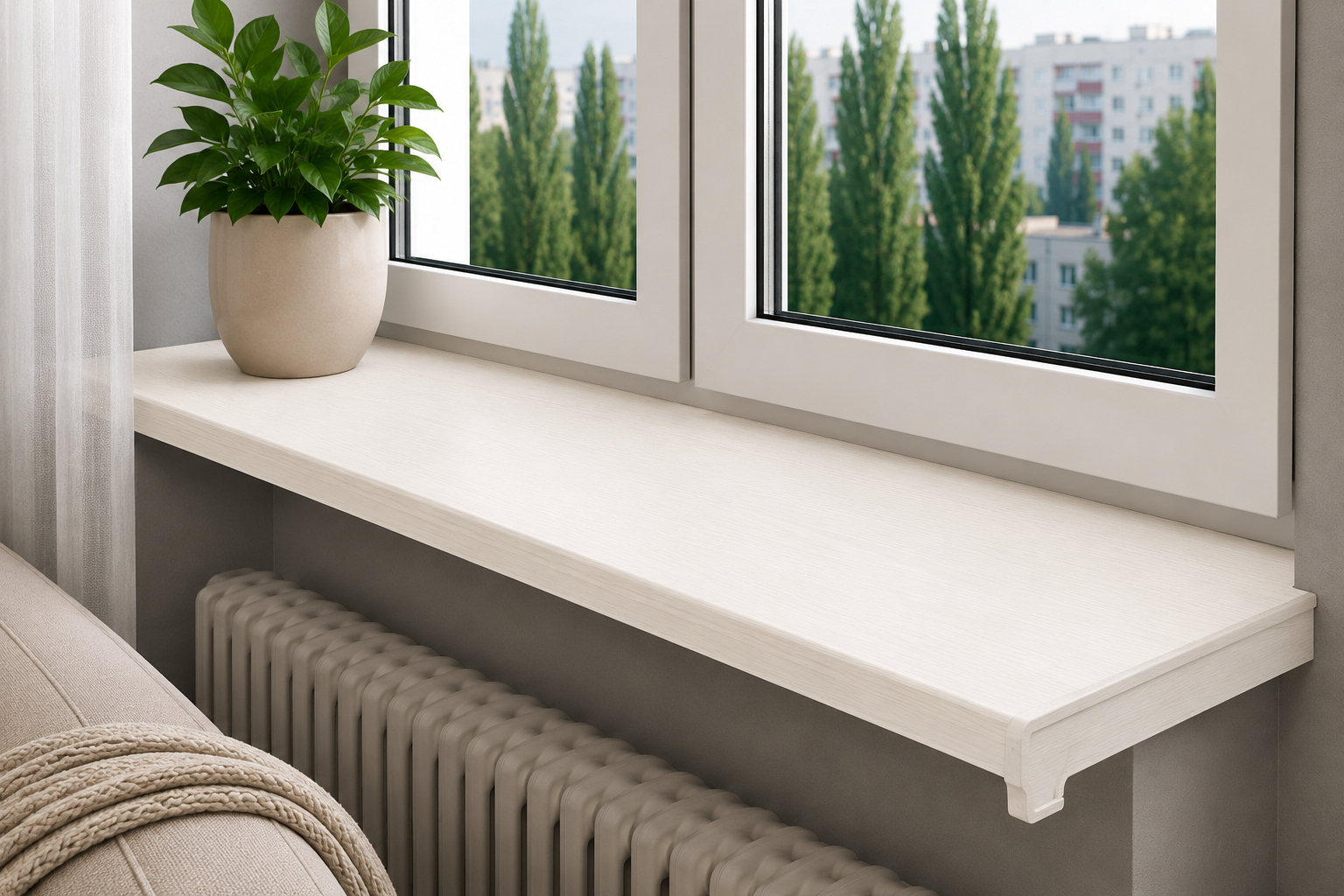 White Lamintex chipboard window sill with a wood texture