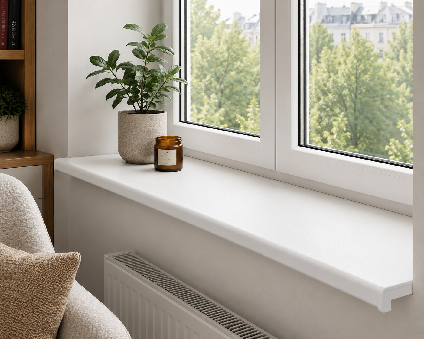 White chipboard window sill with an orange-peel surface in an interior