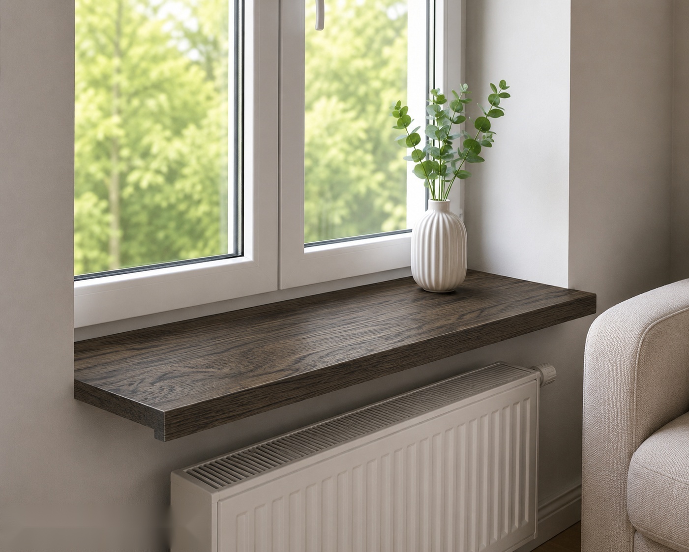 Oak window sill in an interior, GRAPHIT finish