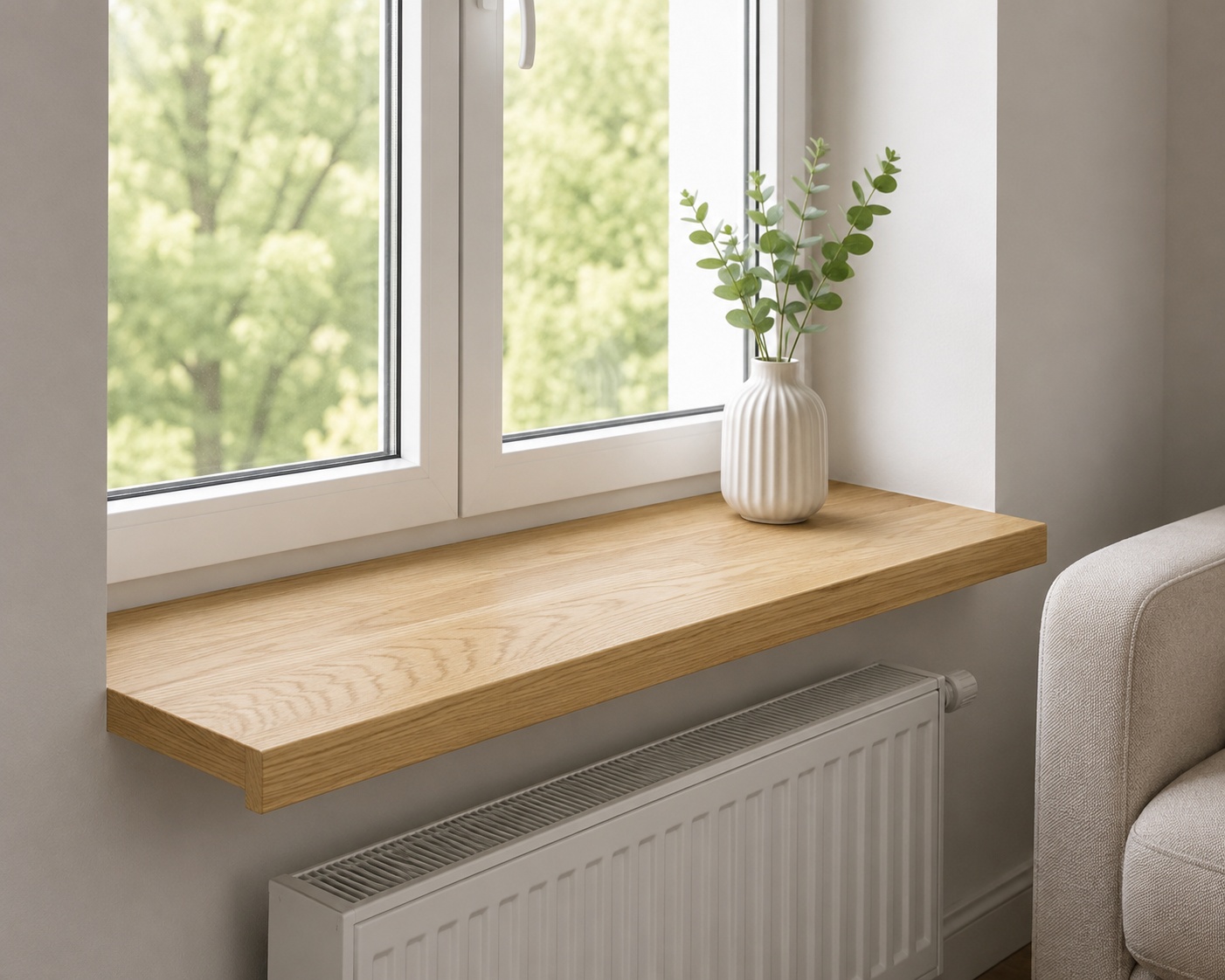 Solid oak window sill in an interior, MATT finish