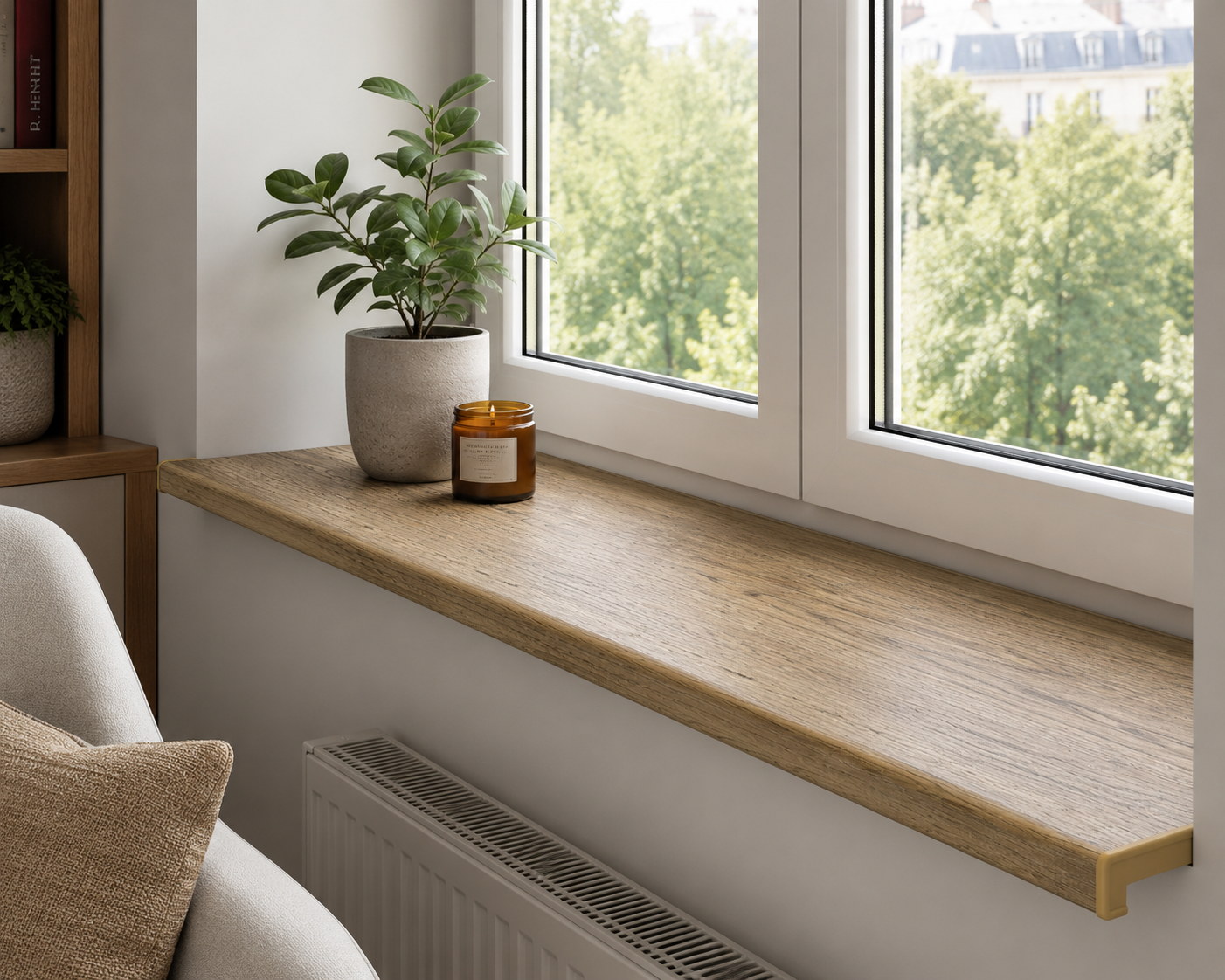 Chipboard window sill in a walnut decor in an interior