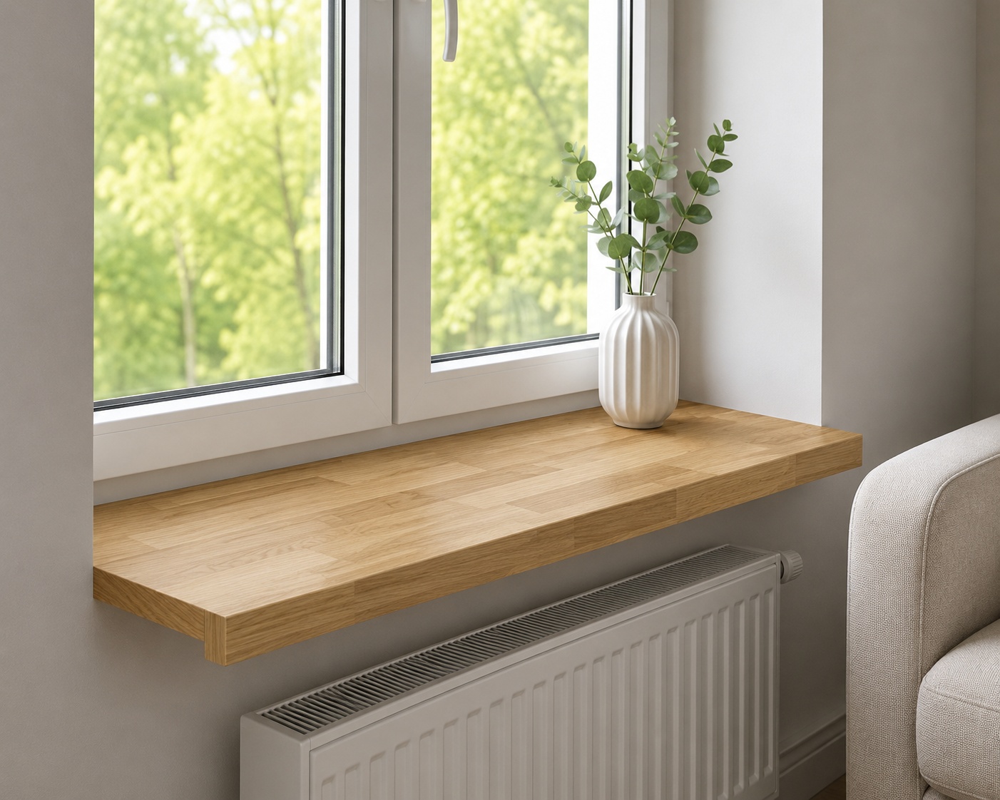 Oak window sill in an interior, SATIN finish